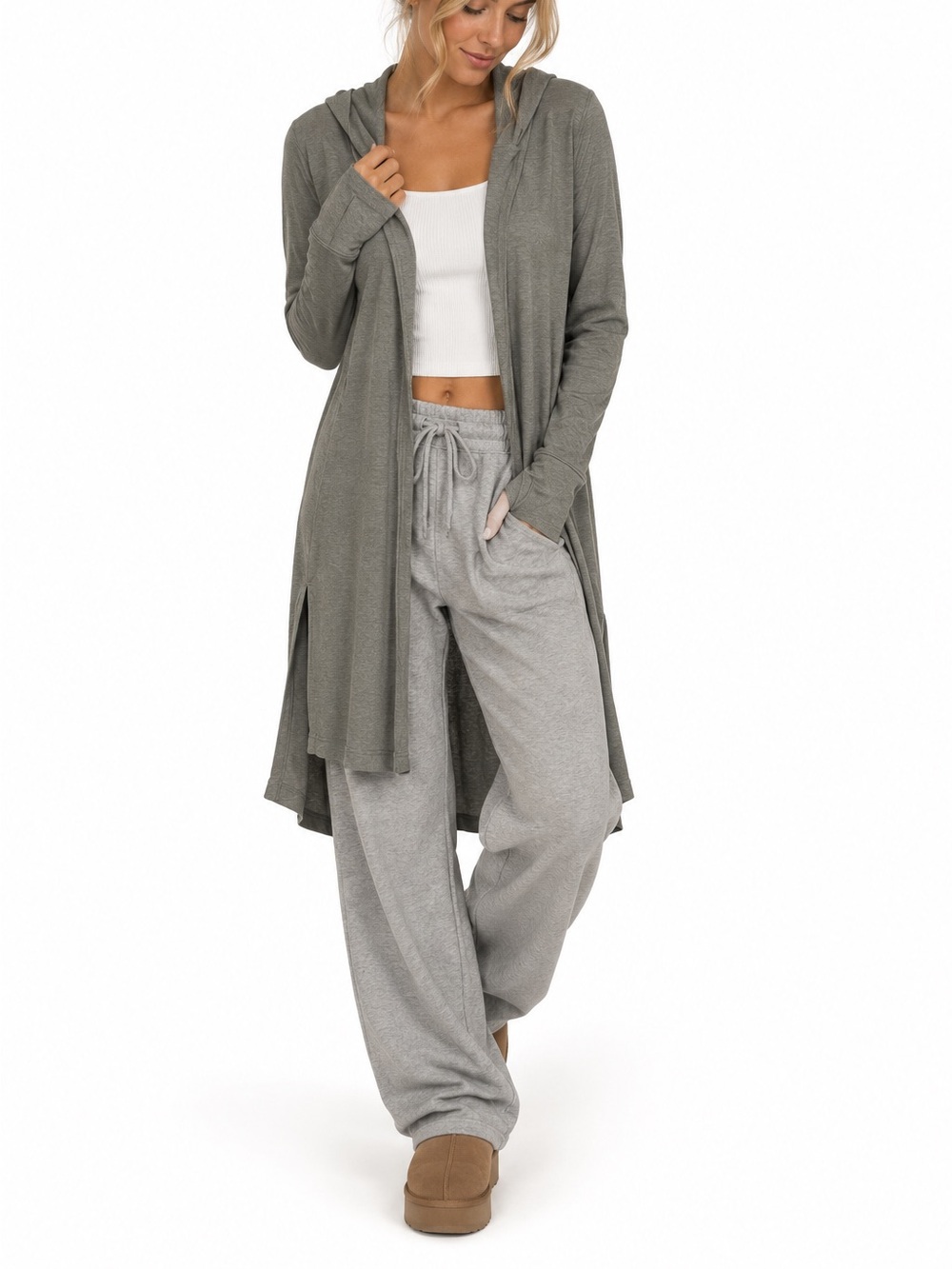Athleta Gray Hooded Longline Cardigan Waterfall Draped Athleisure S